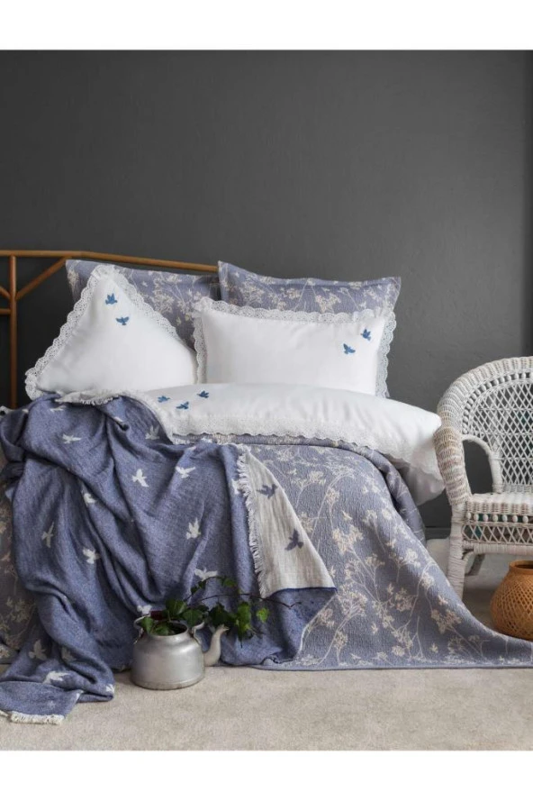 Apricitas Home Timeless Prime Set Albatros indigo Çift Kişilik %100 Pamuk Battaniyeli Nevresim Takımı ürün görseli