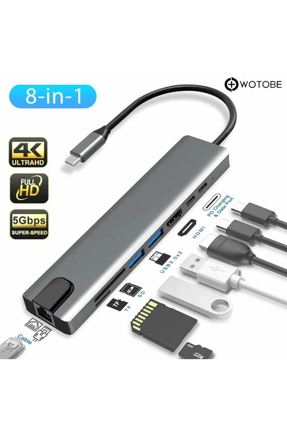 8'i 1 Arada 4K 60Hz USB Type C SD TF HDTV Rj45 Dönüştürücü Hub