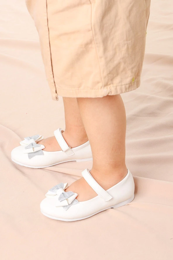 Kiko Kids Cırtlı Kum Sim Fiyonklu Kız Çocuk Babet Ayakkabı Ege 202 Cilt Beyaz