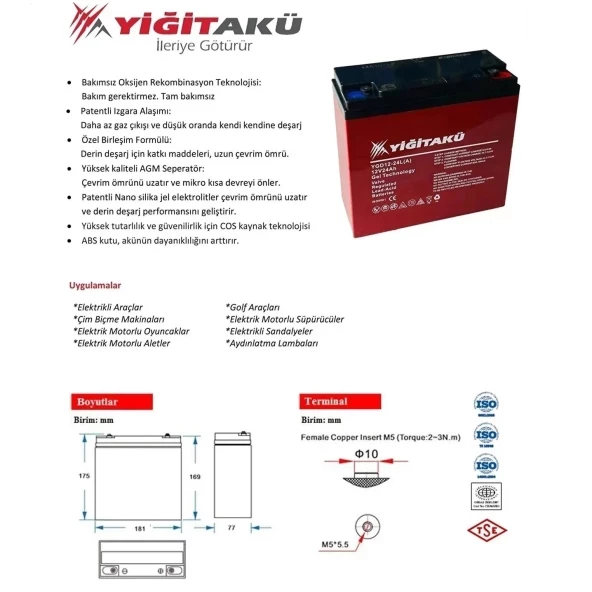 Yigit Aku 12 V 24 Ah Jel Elektrikli Bisiklet Akusu 4 Lu Set  1 Yıl Garantılı - 4