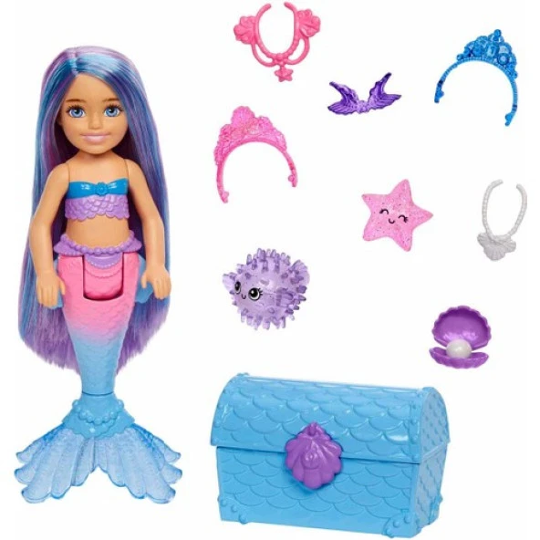 Barbie Chelsea Deniz Kızı Bebeği, 2 Hayvan Dostu, Hazine Sandığı, Aksesuarları ve Rengarenk Saçlarıyla HHG57 GKO