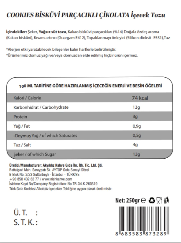 Nish Cookies Bisküvi Parçacıklı Çikolata Aromalı Toz İçecek 250 Gr - 2