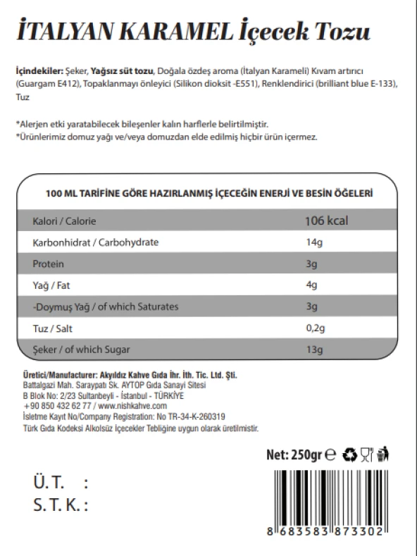 Nish İtalyan Karamel, Cookies Bisküvi Parçacıklı Çikolata Aromalı Toz İçecek 2’li Set (2X250 Gr) - 4