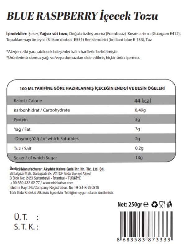 Nish Karamel Bisküvi Parçacıklı Çikolata, Blue Raspberry Aromalı Toz İçecek 2’li Set (2X250 Gr) - 4