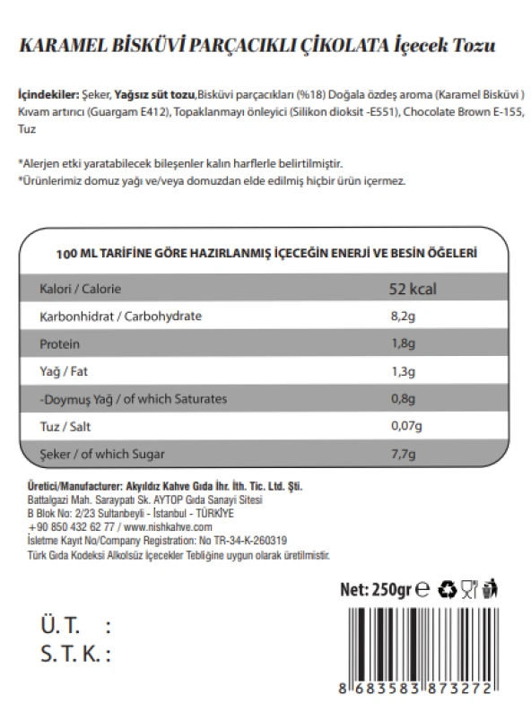 Nish Karamel Bisküvi Parçacıklı Çikolata, Blue Raspberry Aromalı Toz İçecek 2’li Set (2X250 Gr) - 5