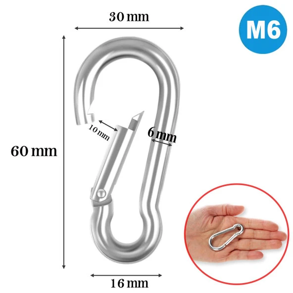 Karabina Yaylı Kanca Paslanmaz Çelik Kilit Tırmanma Dağcılık Kamp Ekipmanları Salıncak Hamak Anahtar Askı Kilidi (6 mm) - 2