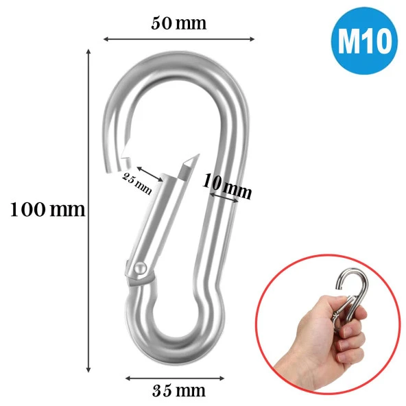 Karabina Yaylı Kanca Paslanmaz Çelik Kilit Tırmanma Dağcılık Kamp Ekipmanları Salıncak Hamak Anahtar Askı Kilidi (10 MM) - 2