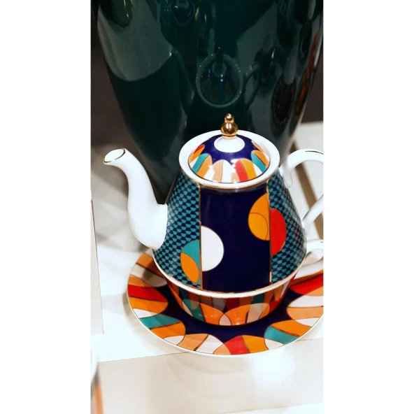 Lucky Art Luckyart Leslie Bone Porselen Geometrik Desenli Tek Kişilik Demlik & Fincan Seti LYHD 531 - Resim 2