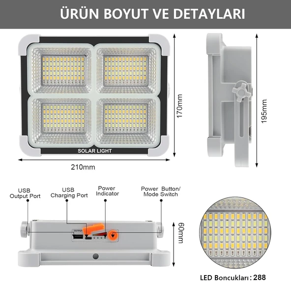 Portatif Solar LED Projektör Cata 200W Güneş Enerjili Seyyar LED Işık Taşınabilir Sokak Aydınlatması IP44 - 3