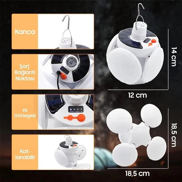 Solar Panelli Şarjlı 5'li Katlanabilir Acil Durum Kamp Lambası Powermaster - 7