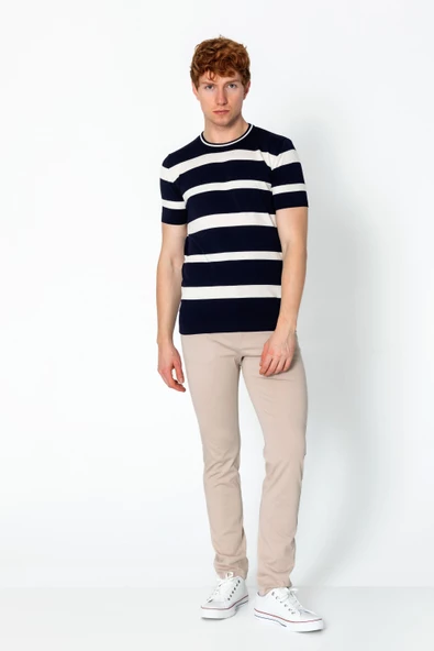 Erkek Fit Rahat Altı Kolları Lastikli Bisiklet Yaka Çizgili Triko T-Shirt - 8