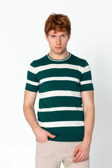 Erkek Fit Rahat Altı Kolları Lastikli Bisiklet Yaka Çizgili Triko T-Shirt - 12