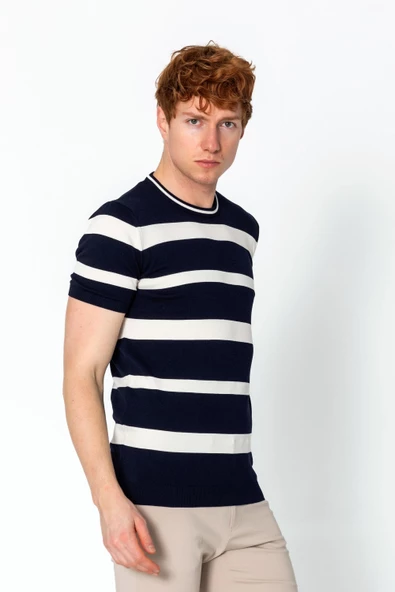 Erkek Fit Rahat Altı Kolları Lastikli Bisiklet Yaka Çizgili Triko T-Shirt - 10