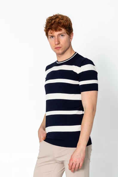 Erkek Fit Rahat Altı Kolları Lastikli Bisiklet Yaka Çizgili Triko T-Shirt - 9