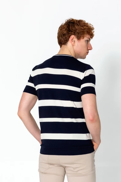 Erkek Fit Rahat Altı Kolları Lastikli Bisiklet Yaka Çizgili Triko T-Shirt - 11