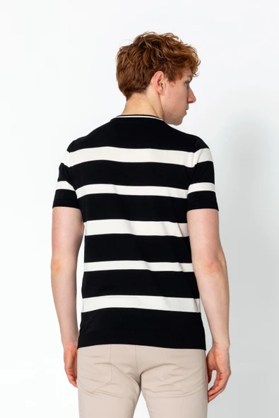 Erkek Fit Rahat Altı Kolları Lastikli Bisiklet Yaka Çizgili Triko T-Shirt - 6