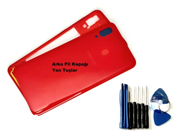 Tkgz Samsung Galaxy A20 (A205) FULL ORJ KASA Kasa Arka Pil Batarya Kapağı (TAMİR SETİ) KIRMIZI