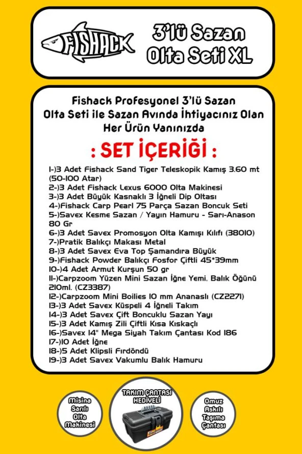 Fishack 3'lü Sazan Olta Seti XL - 3.60MT/50-100GR - 2