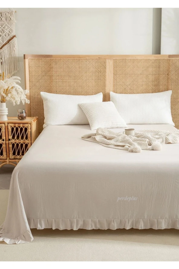 Buldan Keten Yatak Örtüsü, Pamuklu Keten, Fırfırlı Bej 240*260 cm. - 3