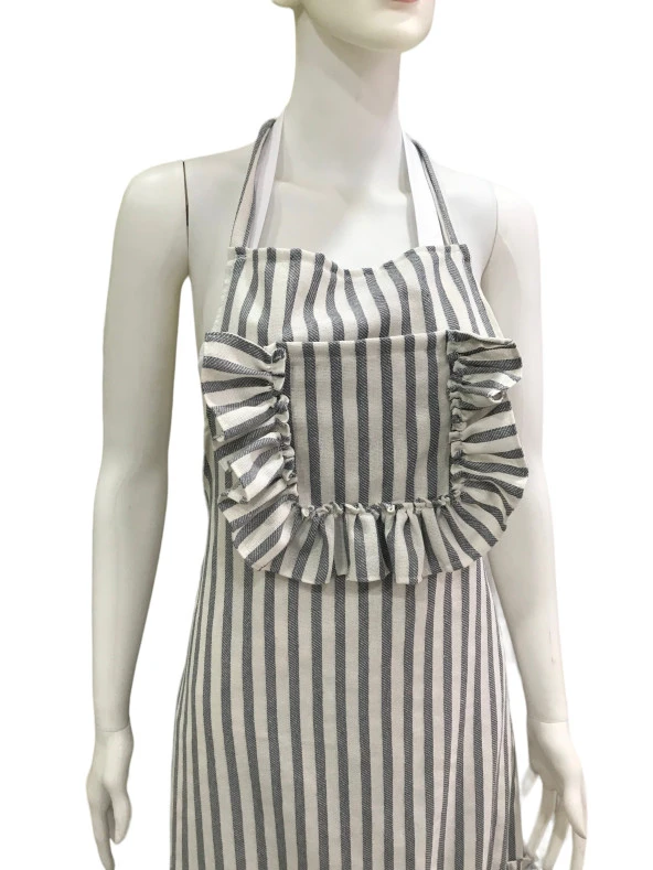 Çizgili Naturel Keten, Fırfırlı, Buldan Keten, Mutfak Önlüğü - 2