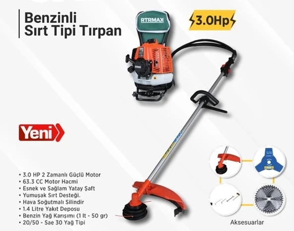 Rtrmax Benzinli Sırt Tipi Tırpan 63 CC 3.0 HP RTM9640 - 2