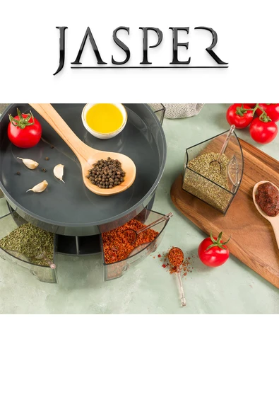 Jasper 360° Dönerli İki Katlı Çok Amaçlı 6 bölmeli Çekmeceli Kaşıklı Baharatlık Gıda Organizeri - 3