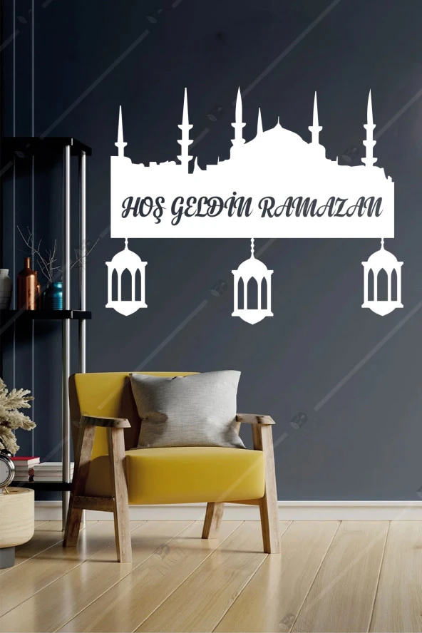 Hoşgeldin Ramazan Temalı Şamdanlı Ahşap Duvar Dekorasyonu - Kolay Montaj- 45x36 cm