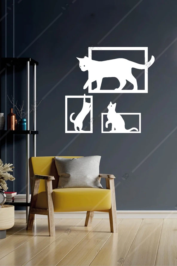 3'lü Kedi Temalı Ahşap Duvar Dekorasyonu Seti Ahşap Tablo