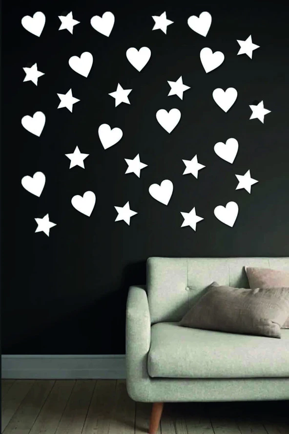 Lazer Kesim Ahşap Yıldızlar Ve Kalpler Duvar Dekoru Beyaz 50 Adet Set 3x3