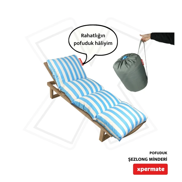 XPERMATE Pofuduk Şezlong Minderi 60x180x12Cm Su İtici,Katlanır,UV Güneş Dayanımı, Fermuar, Mavi Çizgili