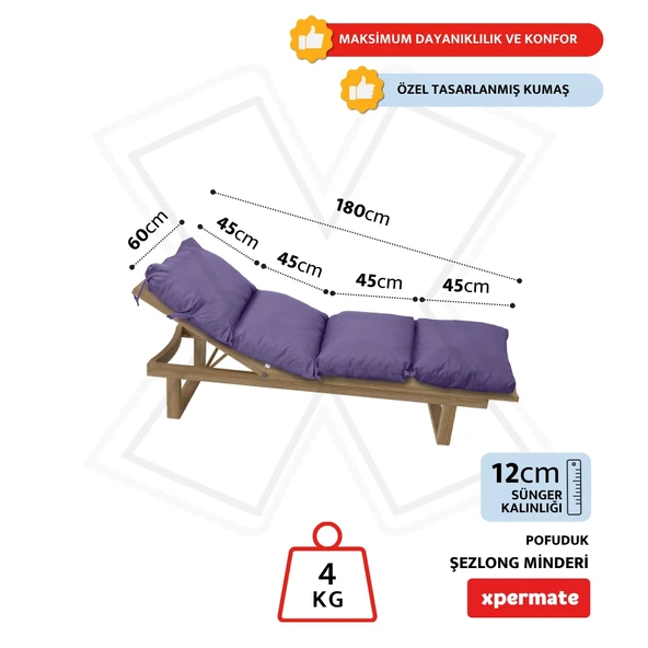 XPERMATE Pofuduk Şezlong Minderi 60x180x12Cm Su İtici,Katlanır,UV Güneş Dayanımı, Fermuar, Mor - Resim 2