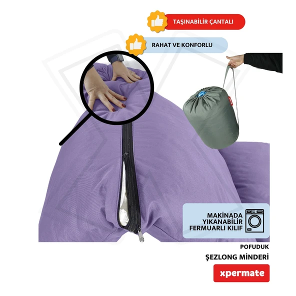 XPERMATE Pofuduk Şezlong Minderi 60x180x12Cm Su İtici,Katlanır,UV Güneş Dayanımı, Fermuar, Mor - Resim 3