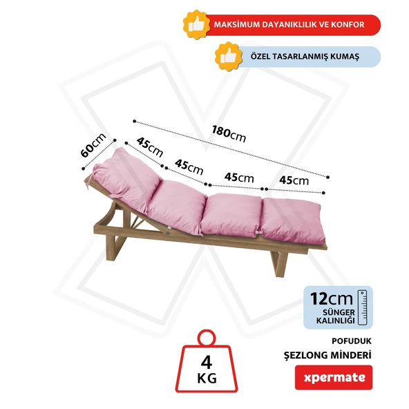 XPERMATE Pofuduk Şezlong Minderi 60x180x12Cm Su İtici,Katlanır,UV Güneş Dayanımı, Fermuar, Pembe - Resim 2