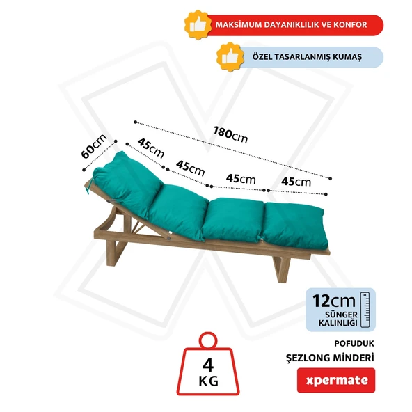 XPERMATE Pofuduk Şezlong Minderi Çantalı 60x180x12Cm Su İtici,Katlanır,UV Güneş Dayanımı, Fermuar, Turkuaz - Resim 2
