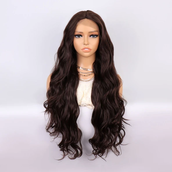 Kahverengi Uzun Dalgalı  Fiber Sentetik Tül Peruk ürün görseli