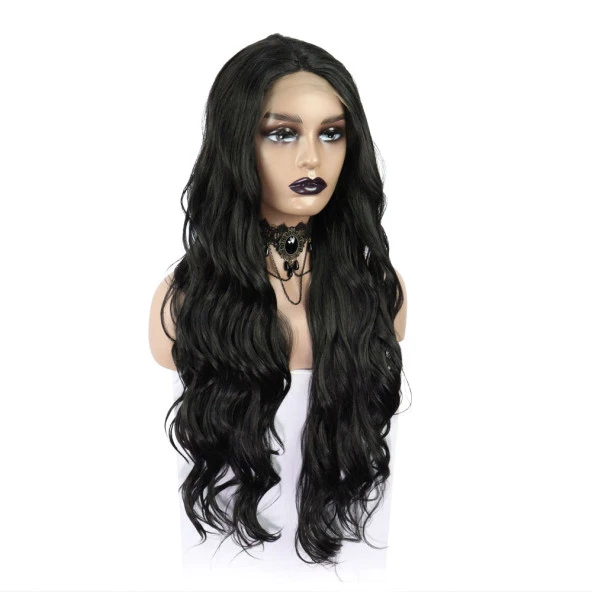 Siyah Uzun Dalgalı  Fiber Sentetik Tül Peruk - Resim 2