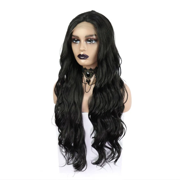 Siyah Uzun Dalgalı  Fiber Sentetik Tül Peruk - Resim 3