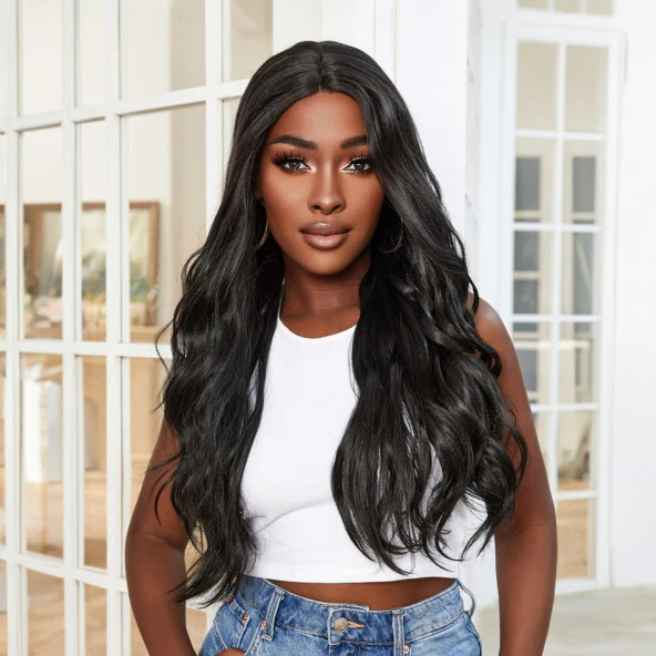 Su Dalgası Fiber Sentetik Tül Peruk - Siyah - Resim 3