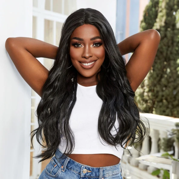 Su Dalgası Fiber Sentetik Tül Peruk - Siyah - Resim 5