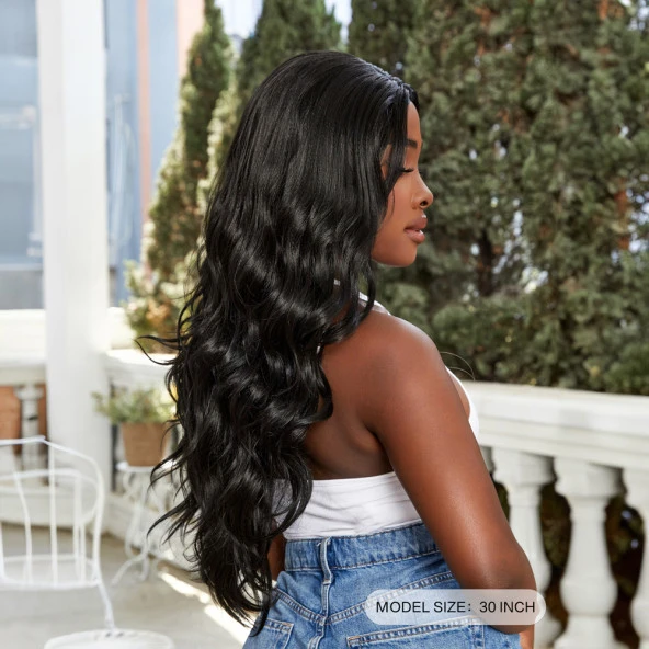 Su Dalgası Fiber Sentetik Tül Peruk - Siyah - Resim 6