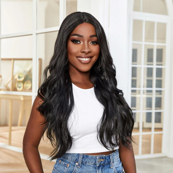 Su Dalgası Fiber Sentetik Tül Peruk - Siyah - Resim 2