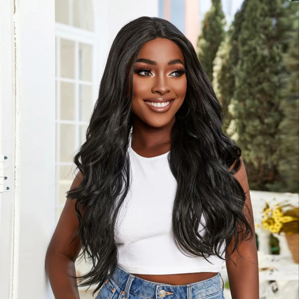 Su Dalgası Fiber Sentetik Tül Peruk - Siyah ürün görseli