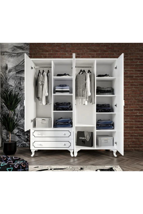 Stil 4 Kapaklı 2 Çekmeceli Moduler Gardırop, Elbise Dolabı - Tamamı 1. Kalite Mdf - 3