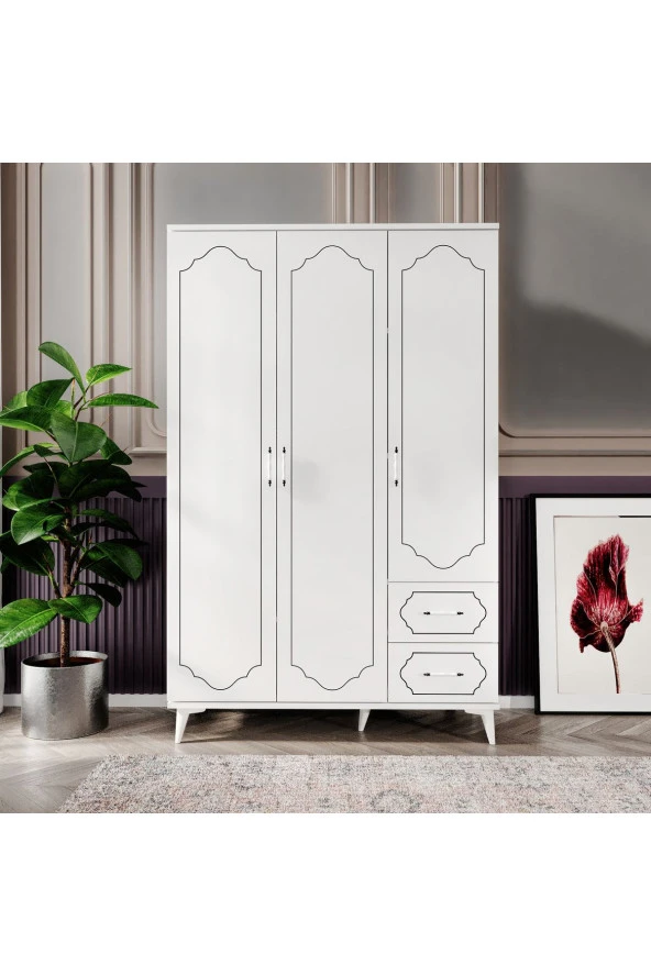 KZNMOB HOME Hayal 3 Kapaklı 2 Çekmeceli Mopdern Gardırop Elbise Dolabı Beyaz - Tamamı 1. Kalite Mdf - 2