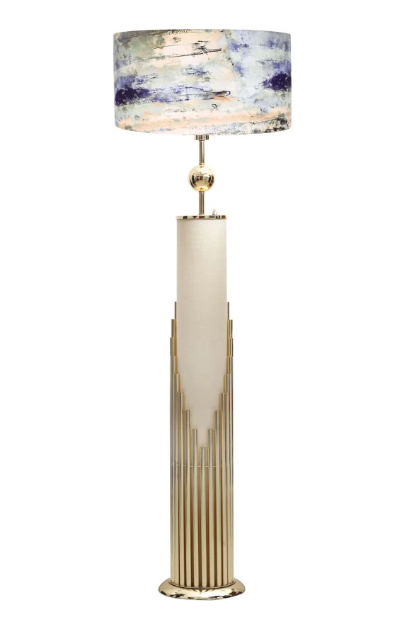 Vinner Doha Gold Kaplama Gövde Işıklı Özel Tasarım Metal Lambader - Blue Mixed