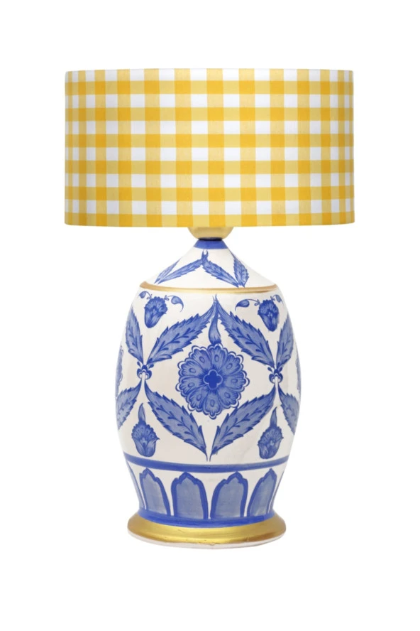 Vinner Ceramic Botanical Özel Tasarım Abajur - Sarı Beyaz Ekose Desenli