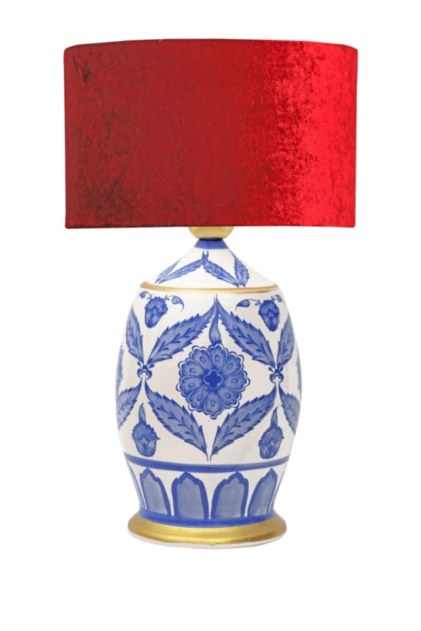 Vinner Handmade Ceramic Botanical Özel Tasarım Abajur Kırmızı Kadife