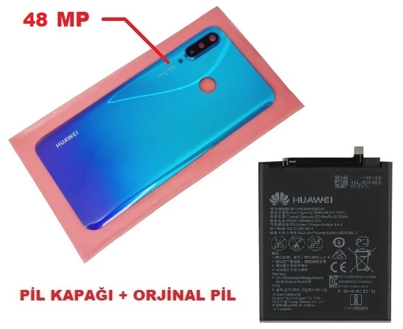 Tkgz Huawei Uyumlu P30 Lite Arka Pil Batarya Kapağı + PİL ( Kamera Lensli 48 MP) MAVİ