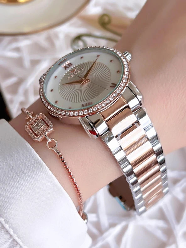 Ferro Hasır Kordonlu Gümüş/Rose Kararmaz Renk Atmaz 3 Atm  Özel Tasarım Kadın Kol Saati BFL21262-E - Resim 2