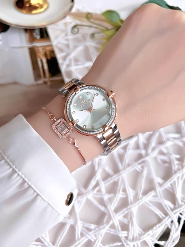 Ferro Hasır Kordonlu Gümüş/Rose Kararmaz Renk Atmaz 3 Atm  Özel Tasarım Kadın Kol Saati BF-40-97-E - Resim 3